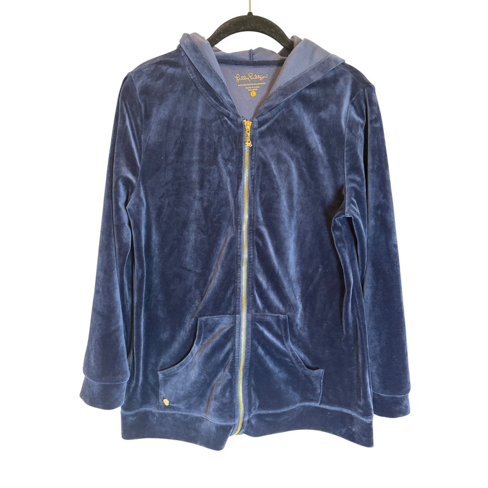 Lilly Pulitzer Navy Blue Velour Zip Up Hoodie Jacket Gold Hardware Large
